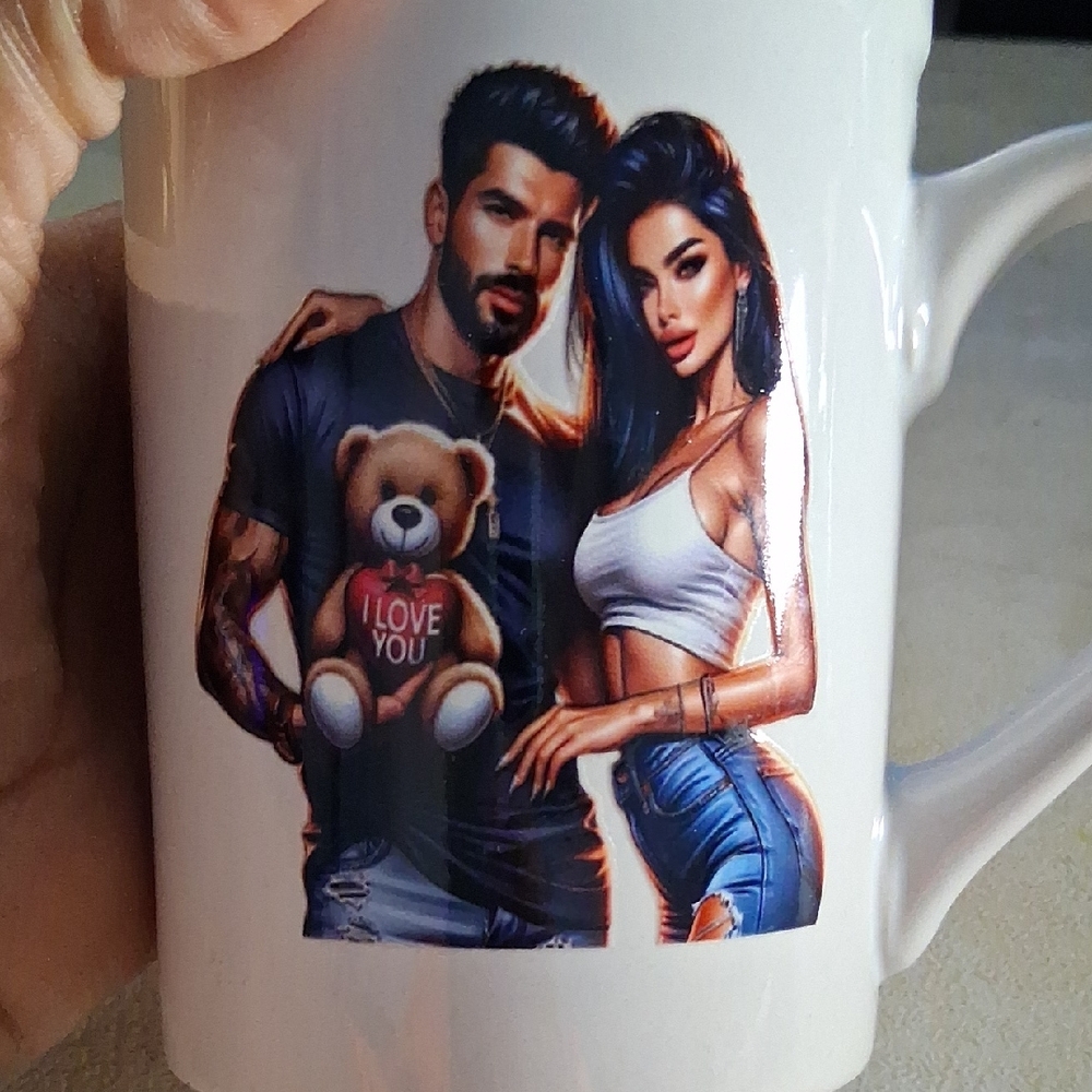 Stylish White Mug with Couple and Teddy Bear Design